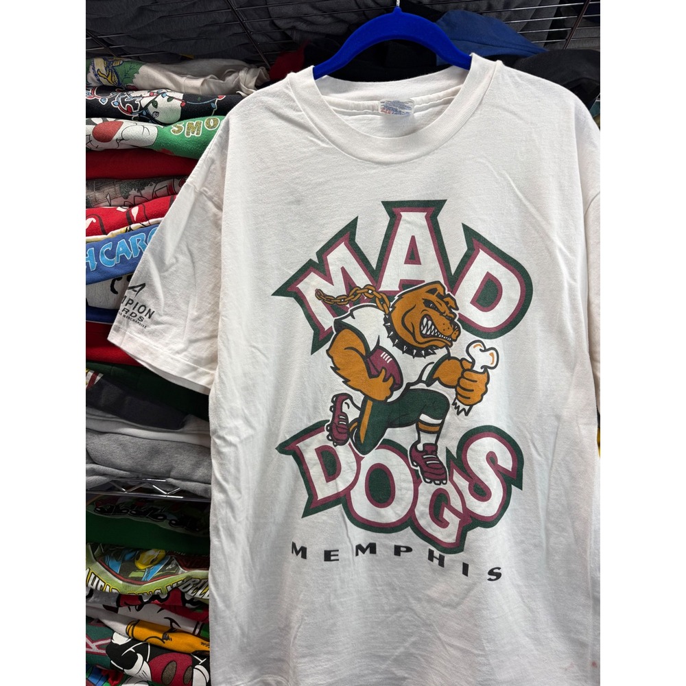 Vintage 1995 Memphis Mad Dogs CFL T-Shirt Hanes Beefy-T White Large Made in USA